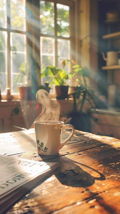 A steaming mug of coffee on a sunlit wooden table by a window