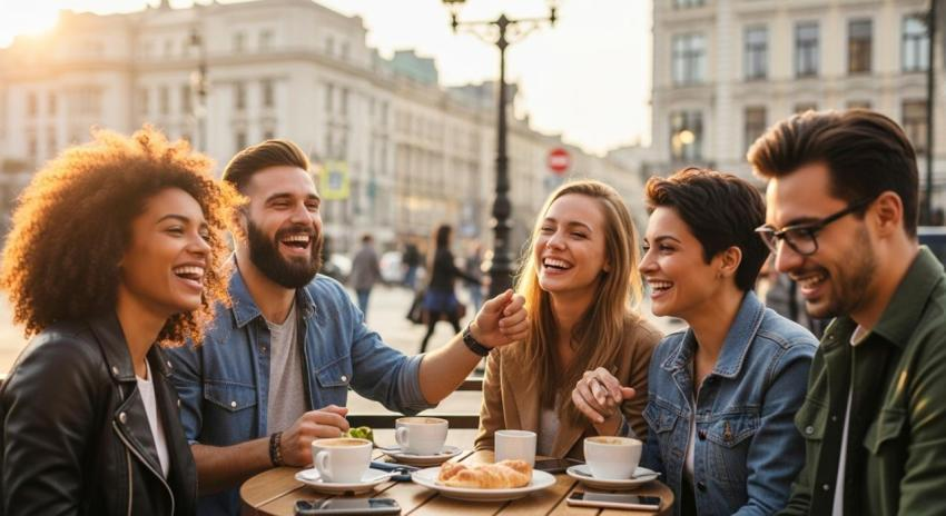 A group of laughing strangers sharing coffee at an outdoor café table