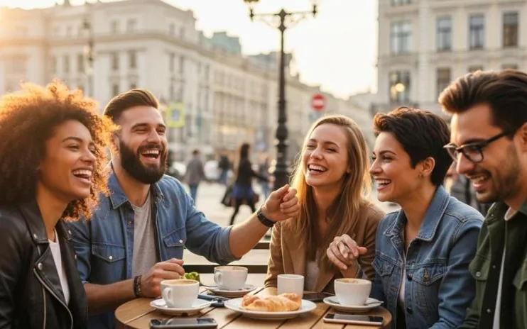 A group of laughing strangers sharing coffee at an outdoor café table